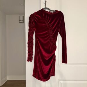 Romy Kobo Red Velvet Ruched Mini Dress Long Sleeve
